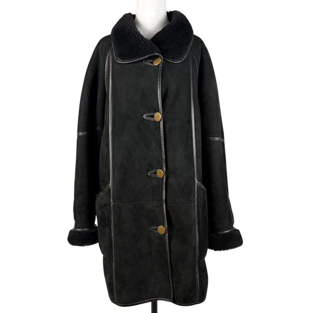 Neiman Marcus Shearling Sheepskin Coat Womens L Black Jacket Made in France